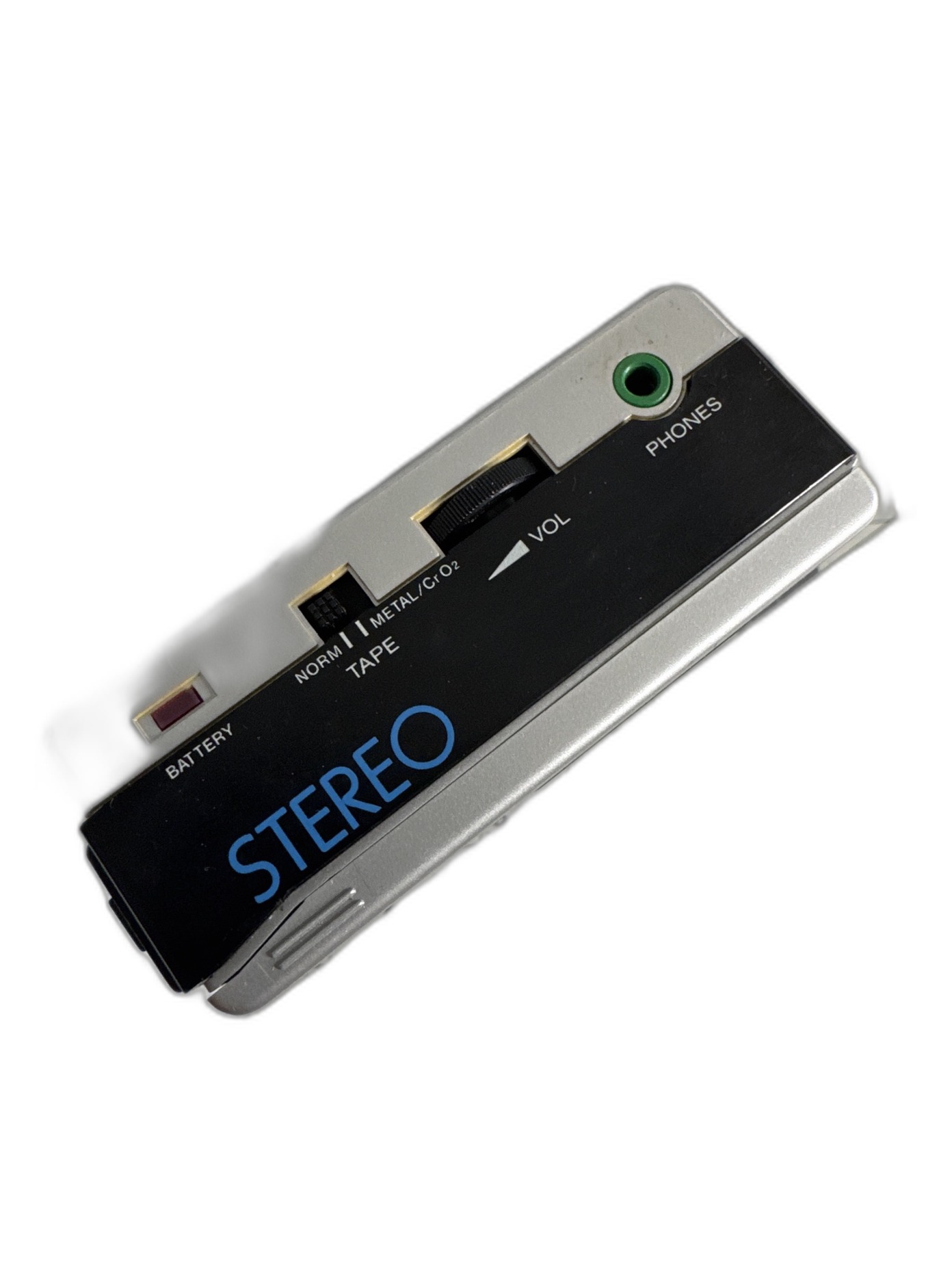 Close-up of the Sony WM-8 Walkman headphone jack and volume control